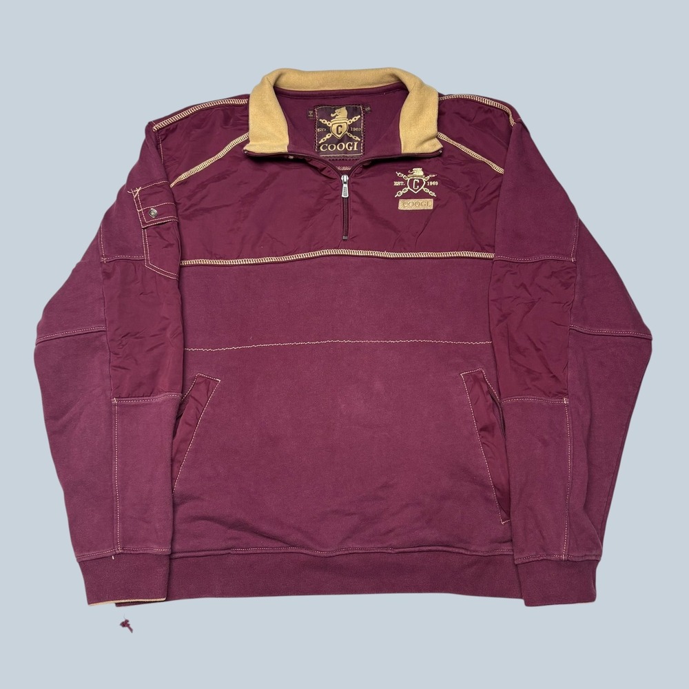 Coogi Mens XXL Quarter Zip Pullover Sweatshirt Maroon Mixed Contrast Stitch